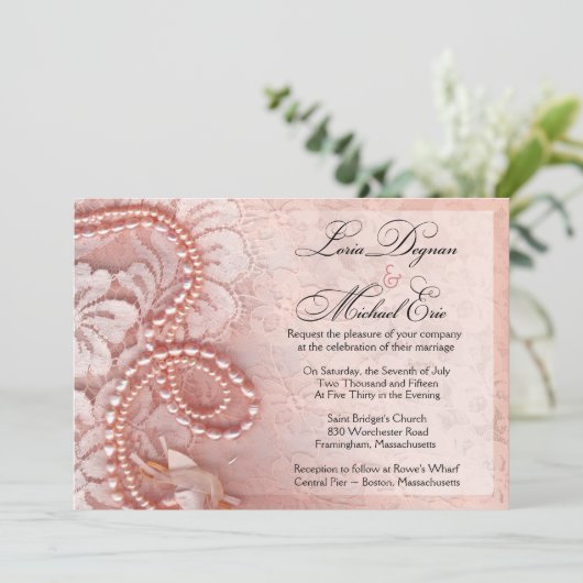 |のシャクヤクのピンクを結婚する真珠およびレース 招待状 (スタンド正面)