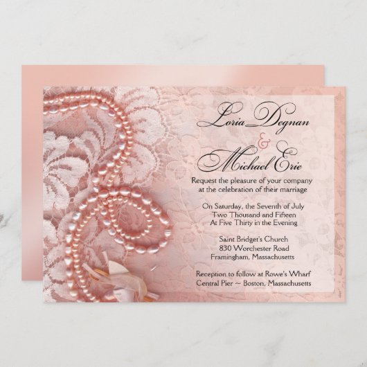 |のシャクヤクのピンクを結婚する真珠およびレース 招待状 (正面/裏面)