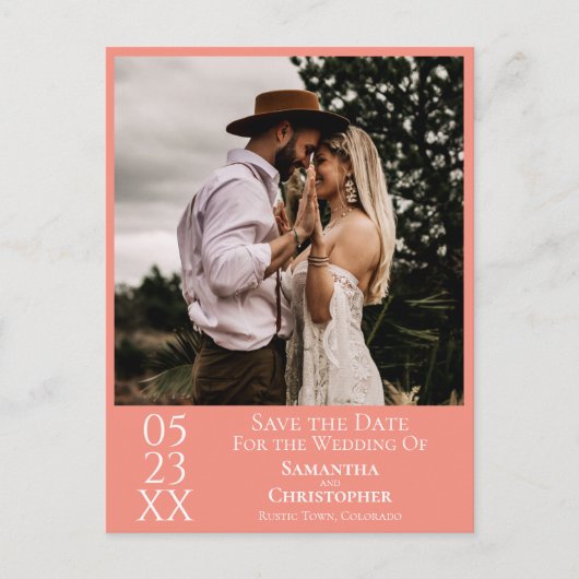 のシンプルサンゴまたはサケの結婚式の日付写真を保存 ポストカード (正面)