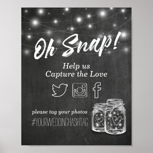 のスナップ結婚ハッシュタグMason Jar Lights Chalkboard ポスター (正面)