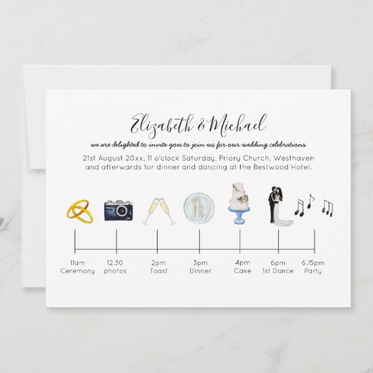 のタイムラ図解入りの、写真付きのイ結婚ン招待状アイコンおもしろい 招待状 (正面)