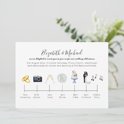 のタイムラ図解入りの、写真付きのイ結婚ン招待状アイコンおもしろい 招待状 (スタンド正面)