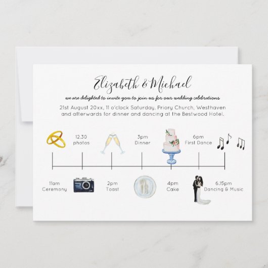 のタイムラ図解入りの、写真付きのイ結婚ン招待状アイコンおもしろい 招待状 (正面)