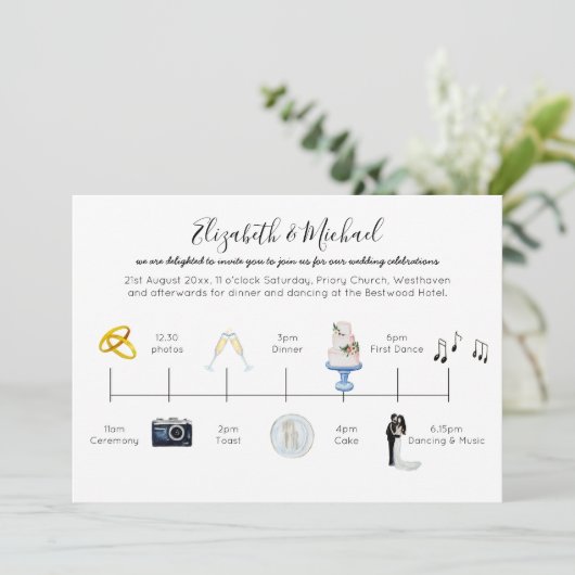 のタイムラ図解入りの、写真付きのイ結婚ン招待状アイコンおもしろい 招待状 (スタンド正面)
