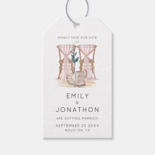 のチェア結婚ボホピンク日付を保存 ギフトタグ (正面)