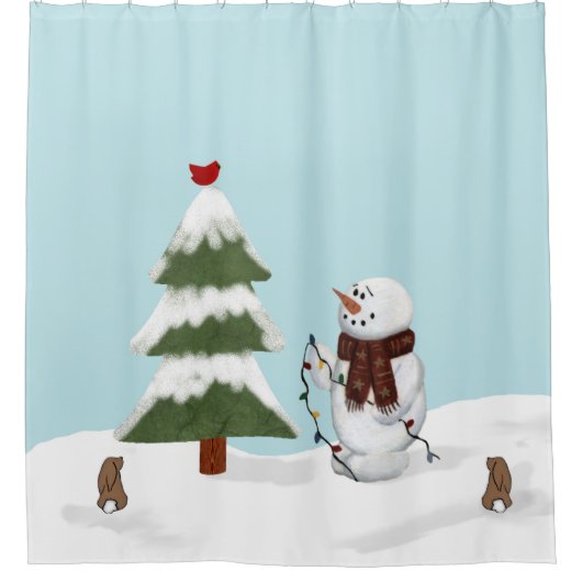 のツリー飾雪だるまシャワーカーテン シャワーカーテン (正面)