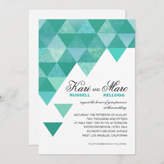 |のティール(緑がかった色)のターコイズを結婚する幾何学的な三角形 招待状 (正面/裏面)