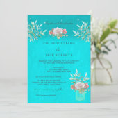 のティール（緑がかった色）結婚フローラメイスンジャンプピンクホワイトローズ 招待状 (スタンド正面)