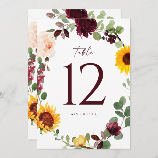 のテーブ結婚ル番号ひまわりバラブルゴーニュ赤 招待状 (正面/裏面)