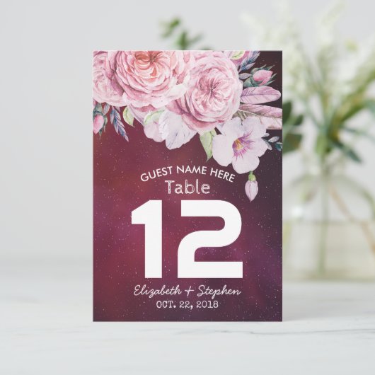 のテーブ結婚ル番号フローラ羽紫色のライト 招待状 (スタンド正面)