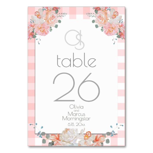 のテー結婚ブルカード | モノグラムコーラルフローラBOHO テーブルナンバー (正面)