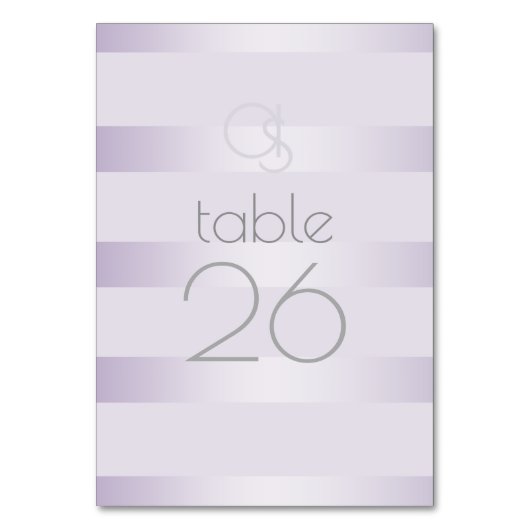 のテー結婚ブルカード | 薄紫きらめくストライプモノグラム テーブルナンバー (正面)