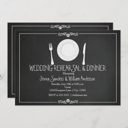 のディナ結婚ーリハーサル黒板ヴィンテージ招待状 招待状 (正面/裏面)