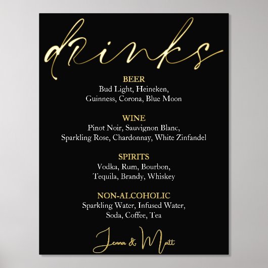 のドリンク結婚ブラックバーメニューフォイルプリント 箔ポスター (正面)