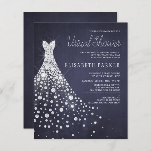 のドレス結婚ネイビー予算バーチャルシャワー招待状 (正面/裏面)
