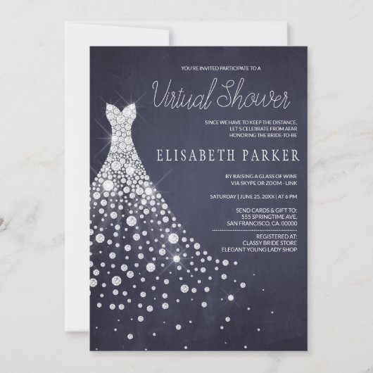 のドレ結婚スネイビーブルーシャルボードバーチャルシャワー 招待状 (正面)