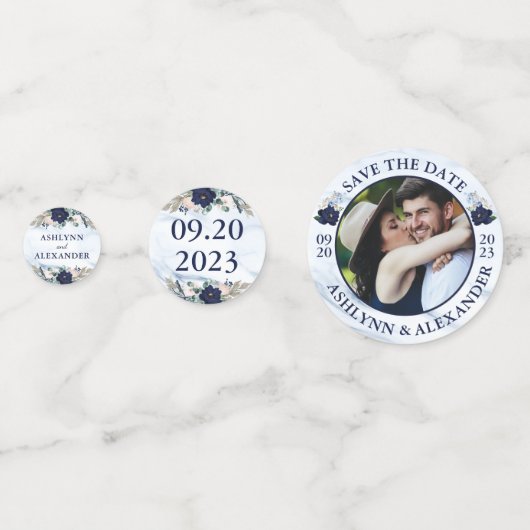 のネイビ結婚ーフローラ大理石の写真SAVE THE DATE コンフェッティ (裏面)