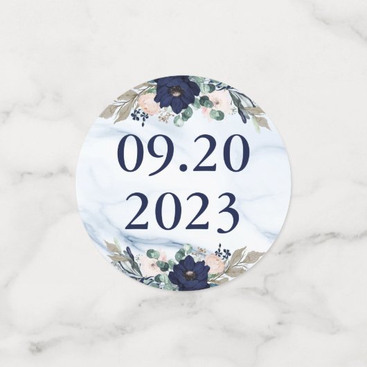 のネイビ結婚ーフローラ大理石の写真SAVE THE DATE コンフェッティ (スモール正面)