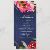 のネイビ結婚ーブルーフローラ水彩色プログラムカード (正面/裏面)