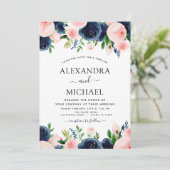 のネイビ結婚ーブルー赤面ピンクエレガントフローラ 招待状 (スタンド正面)