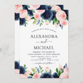 のネイビ結婚ーブルー赤面ピンクエレガントフローラ 招待状 (正面/裏面)