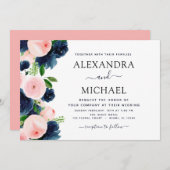 のネイビ結婚ーブルー赤面ピンクエレガントフローラ 招待状 (正面/裏面)