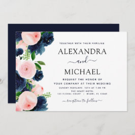 のネイビ結婚ーブルー赤面ピンクエレガントフローラ 招待状