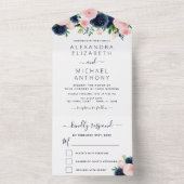 のネイビ結婚ーブルー赤面ピンクフローラ オールインワン招待状 (内側)
