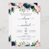 のネイビ結婚ーブルー赤面ピンクフローラ 招待状 (正面/裏面)