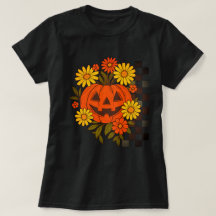 のハロウィンデザインに微笑むカボチャのレトロな花柄