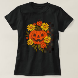 のハロウィンデザインに微笑むカボチャのレトロな花柄  Tシャツ