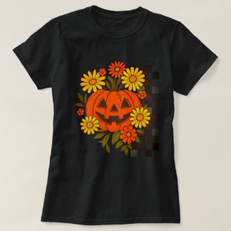 のハロウィンデザインに微笑むカボチャのレトロな花柄 Tシャツ