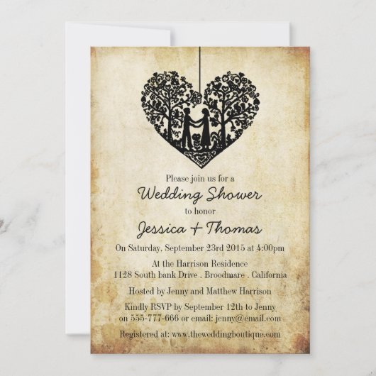 のハートぶら下がったツリーのヴィンテージ結婚式シャワー 招待状 (正面)