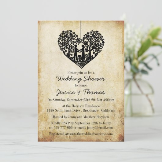 のハートぶら下がったツリーのヴィンテージ結婚式シャワー 招待状 (スタンド正面)