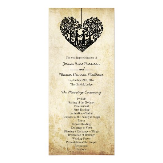 のハートぶら下がったツリーのヴィンテージ結婚式プログラム ラックカード (正面)