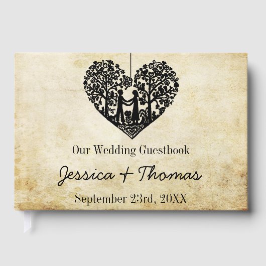 のハートぶら下がったツリーヴィンテージウェディングコレクション ゲストブック (正面)