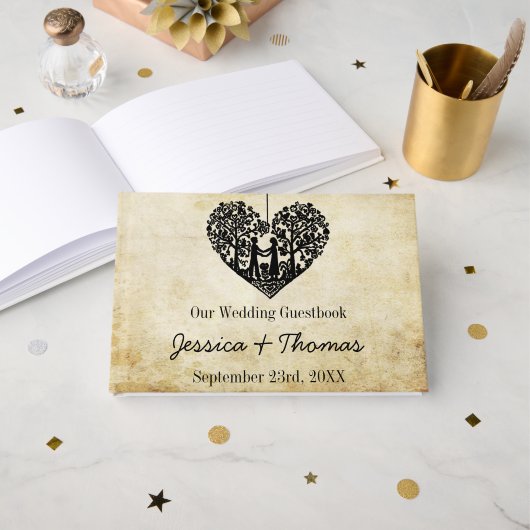のハートぶら下がったツリーヴィンテージウェディングコレクション ゲストブック (正面見開き)