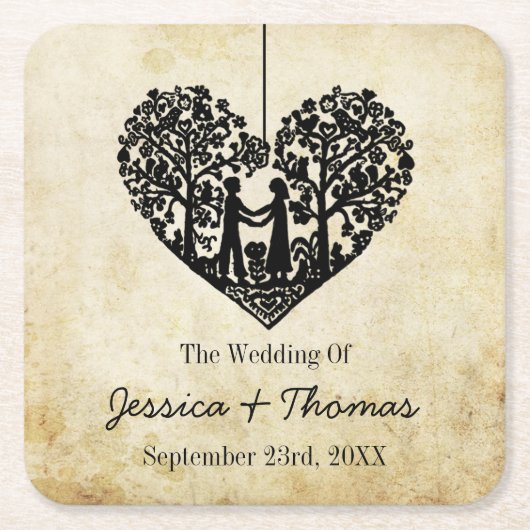 のハートぶら下がったツリーヴィンテージウェディングコレクション スクエアペーパーコースター (正面)