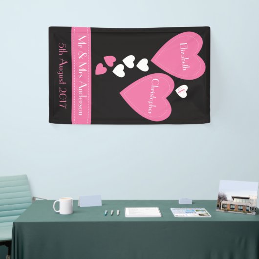 のバック結婚/フォトブースブラック&ピンクハート 横断幕 (トレードショー)