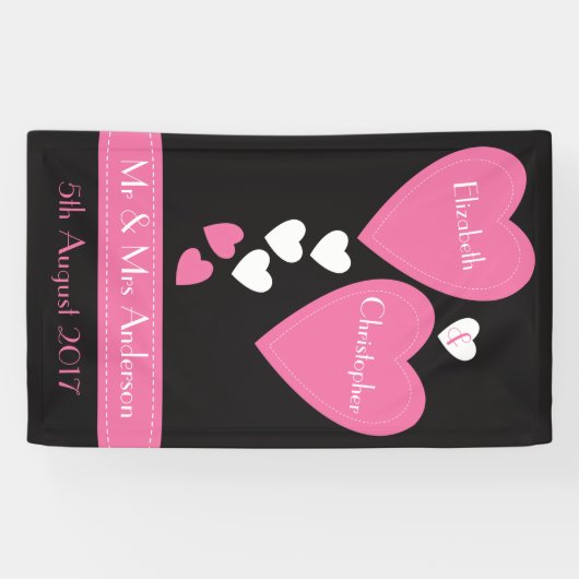 のバック結婚/フォトブースブラック&ピンクハート 横断幕 (横)