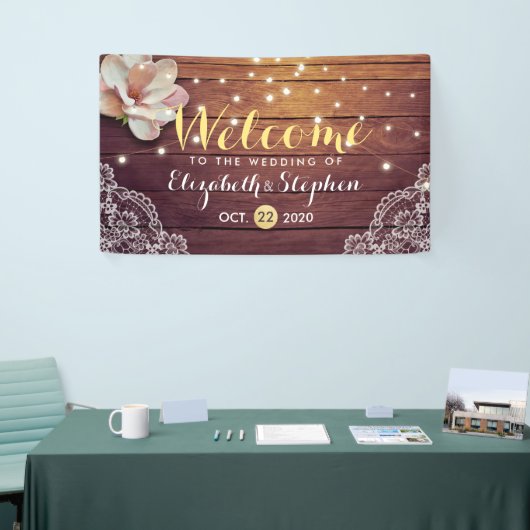 のバナ結婚ーフローラストリングライトウッドレースデコール 横断幕 (トレードショー)