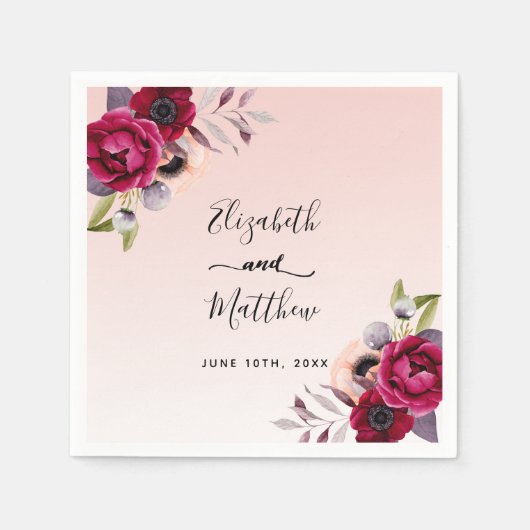 のバラ結婚金ゴールド赤面ピンク花模様ブルゴーニュ スタンダードカクテルナプキン (正面)