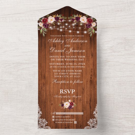 のバ素朴グンディ結婚フローラウッドレースライト オールインワン招待状 (内側)