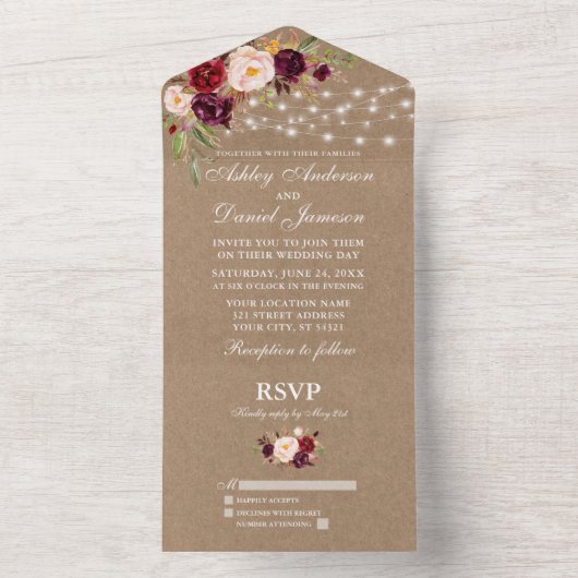 のバ素朴ルグンディ結婚フローラストリング照明クラフト オールインワン招待状 (内側)