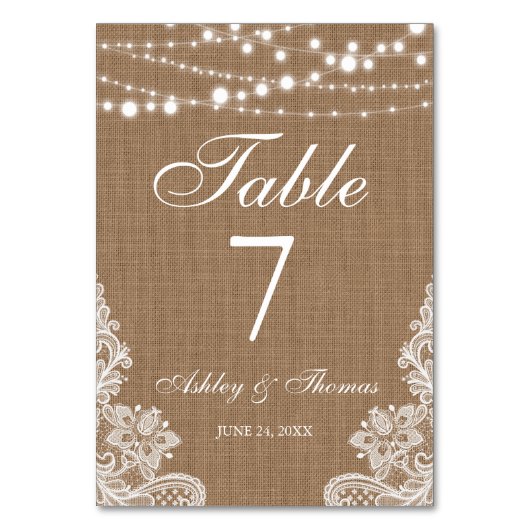 のバ素朴ーラップ結婚ストリングライトレーステーブル テーブルナンバー (正面)