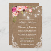 のバ素朴ーラップ結婚ライツジャースレースピンクフローラ 招待状 (正面/裏面)