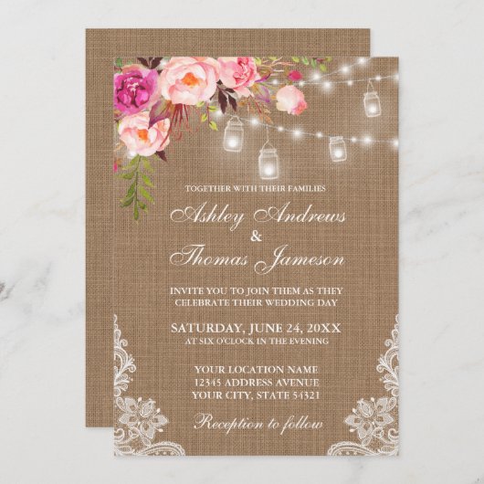 のバ素朴ーラップ結婚ライツジャースレースピンクフローラ 招待状 (正面/裏面)