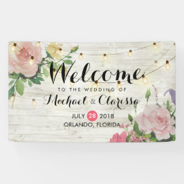 のバ結婚ナーフラワー&ストリングライト素朴ウッド 横断幕