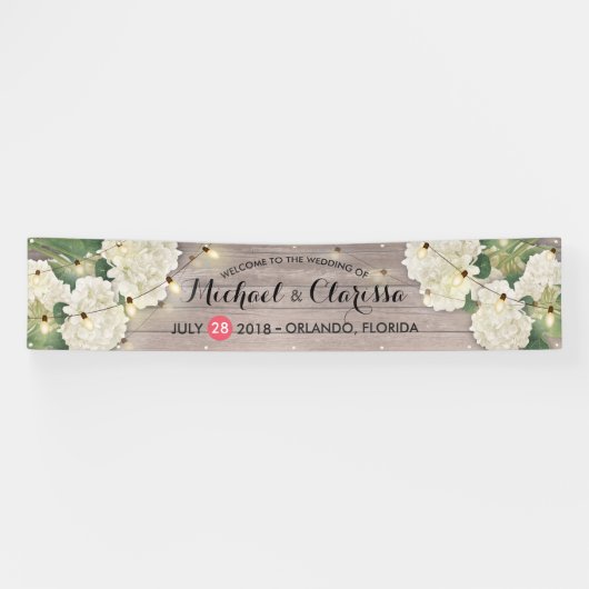 のバ結婚ナーフラワー&ストリングライト素朴ウッド 横断幕 (横)