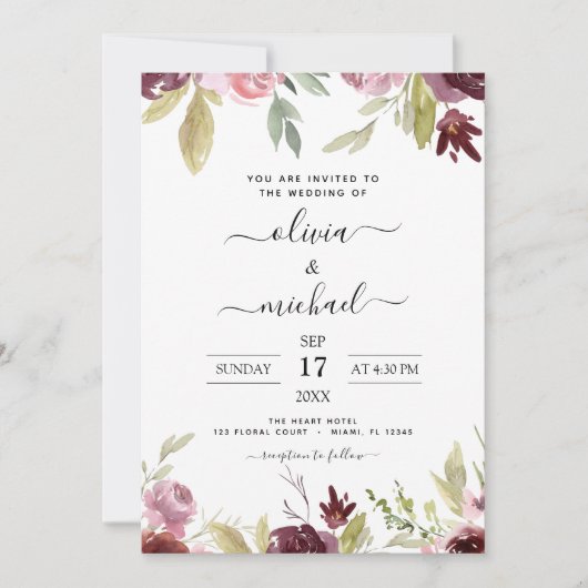 のバ結婚ルガンディーピンクフローラ招待状 招待状 (正面)